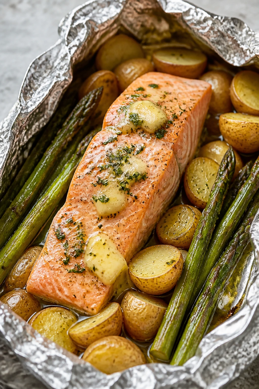 Foil packet with salmon, potatoes, and asparagus open for dinner