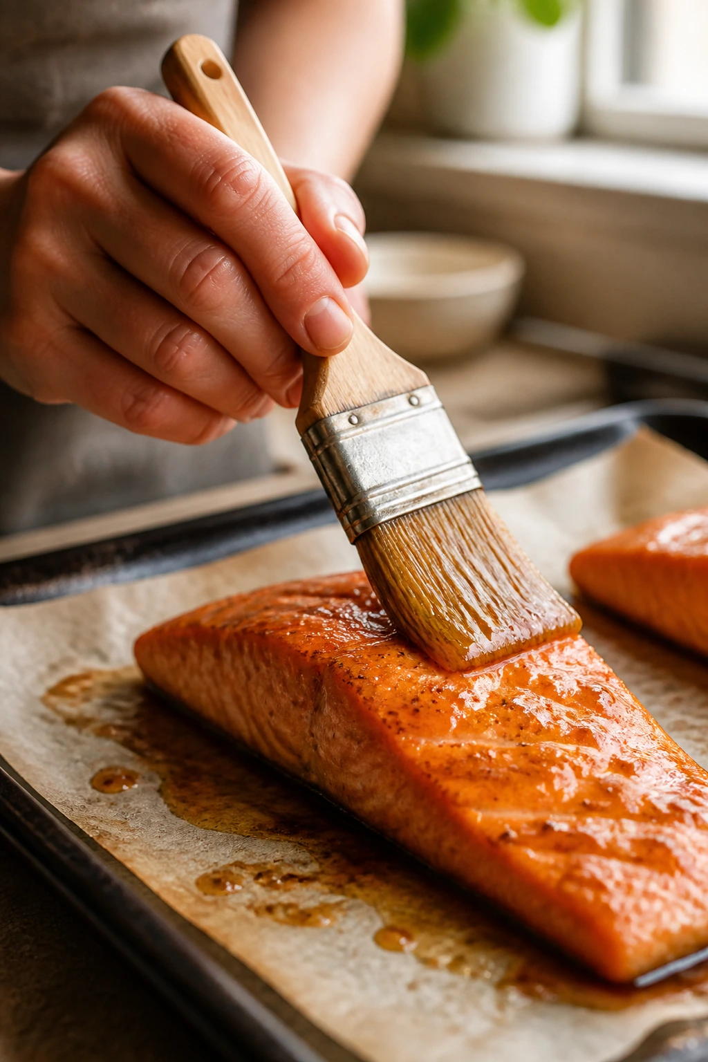 Hand brushing glaze onto salmon fillet on parchment-lined sheet pan