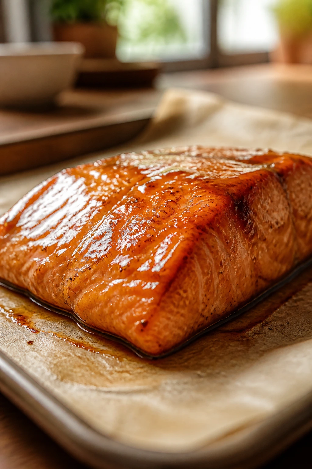 Glazed salmon fillet on parchment-lined sheet pan in a kitchen