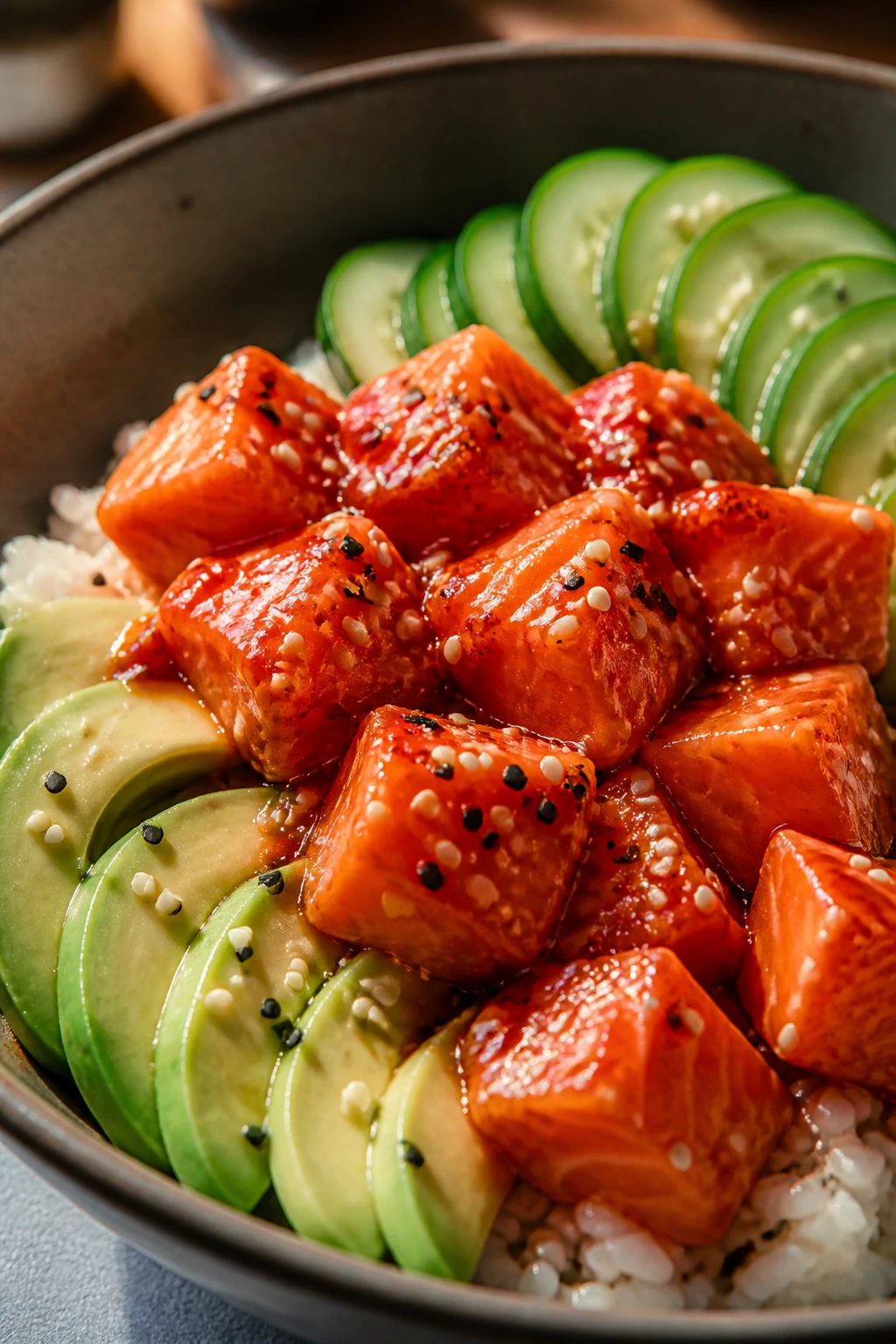 Spicy gochujang salmon poke bowl with avocado and cucumber in a warm kitchen