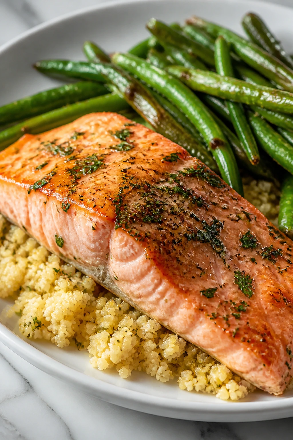 Close-up plate of salmon with green beans and couscous in a bright kitchen