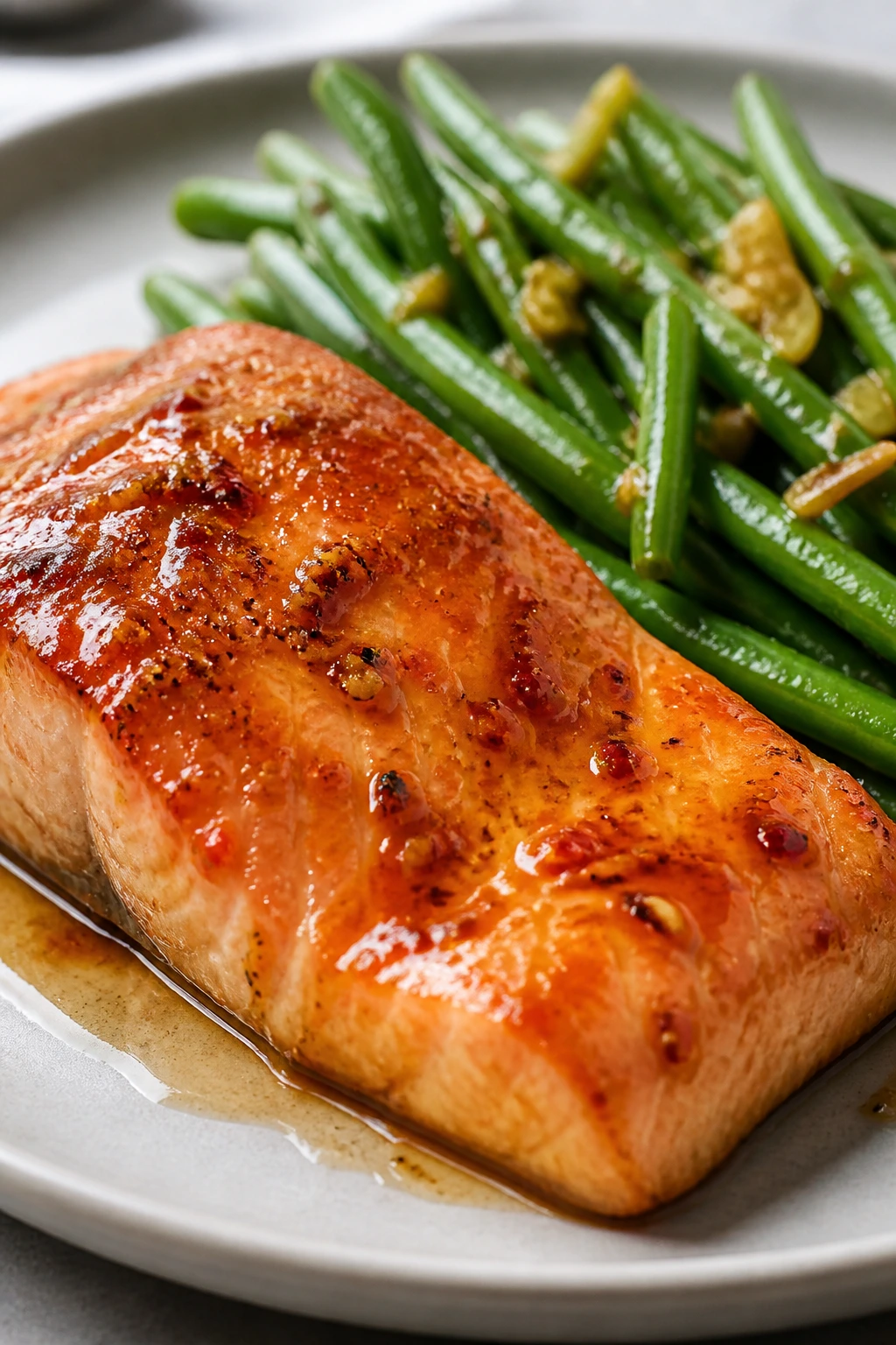 Glazed salmon with garlicky green beans on a plate
