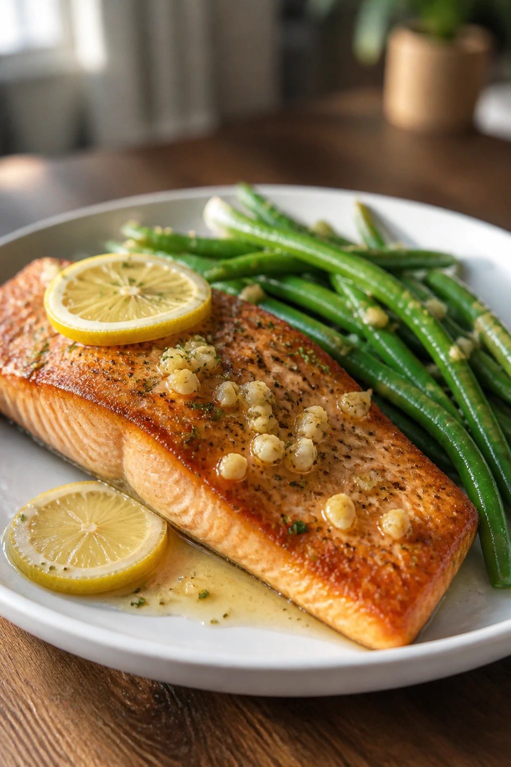 Plate of lemon garlic salmon with green beans under natural window light