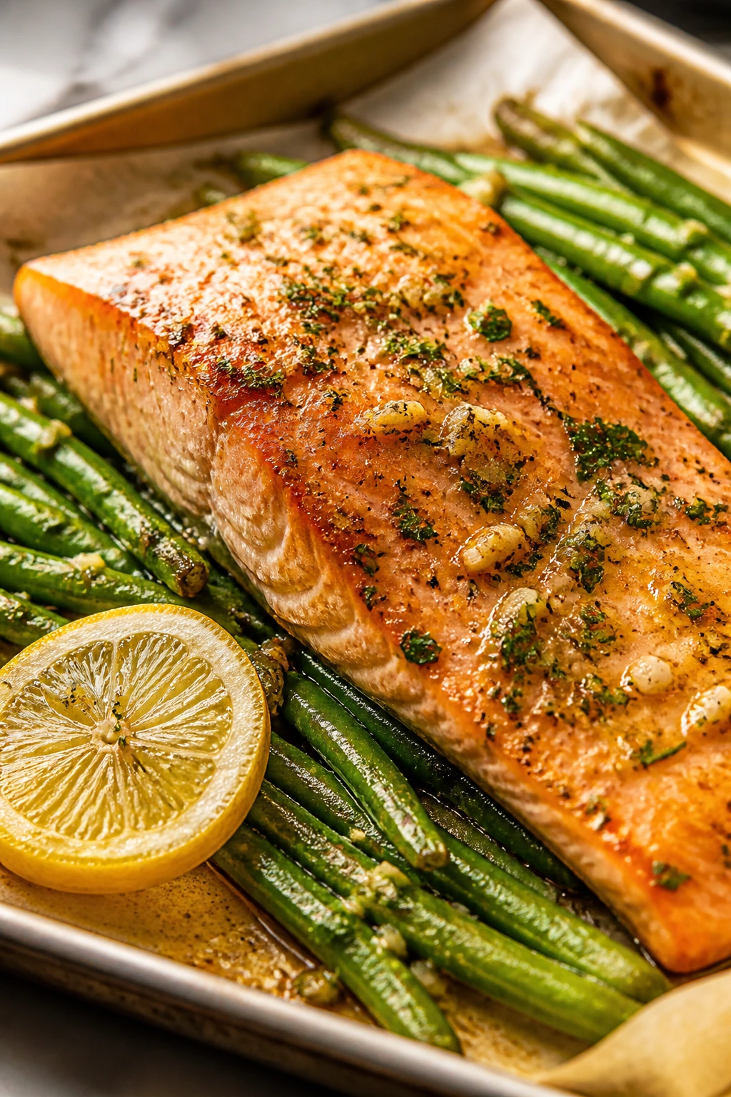 Close-up of lemon garlic salmon with green beans on a sheet pan