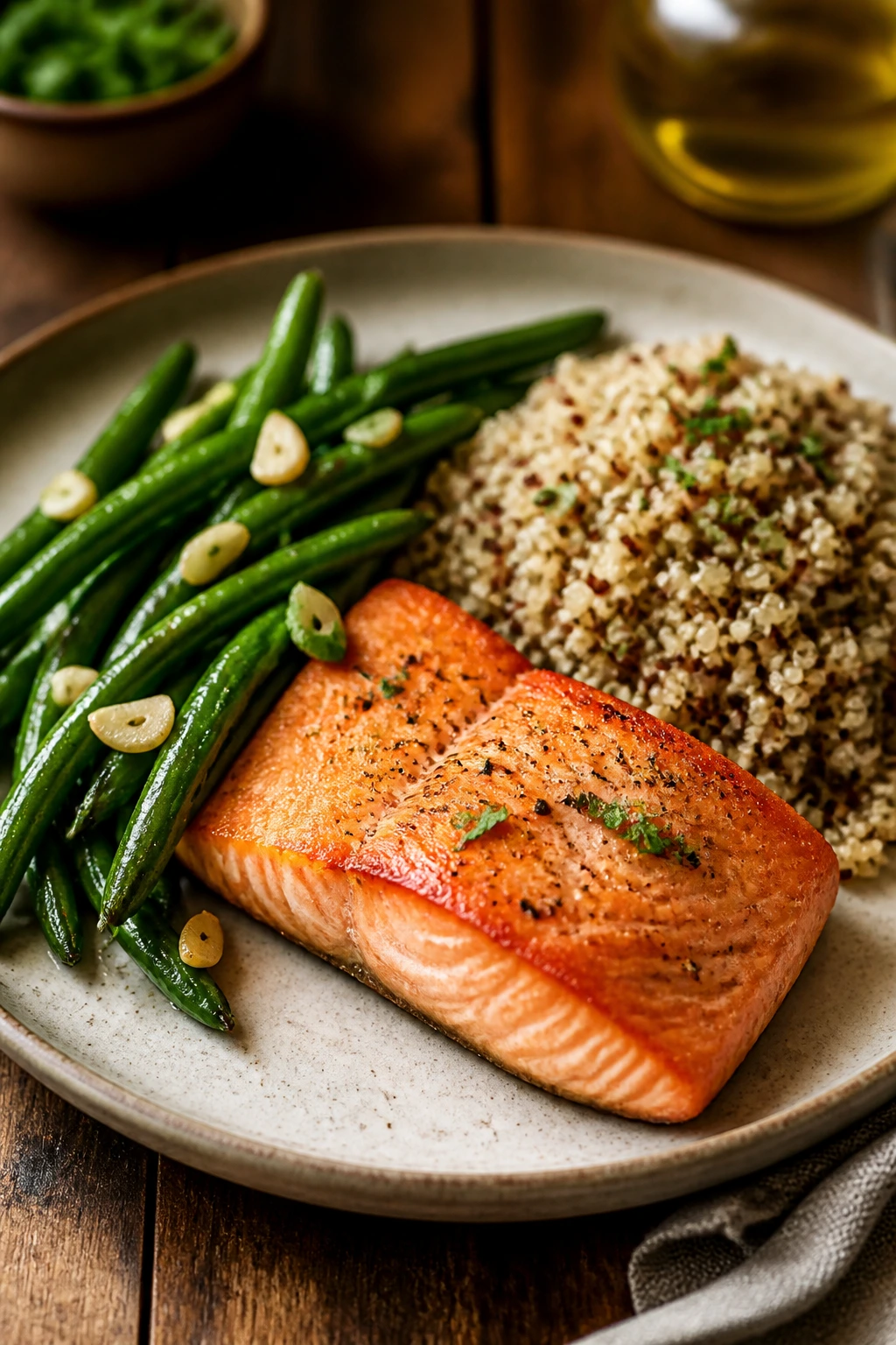 Salmon with garlicky green beans and quinoa plate
