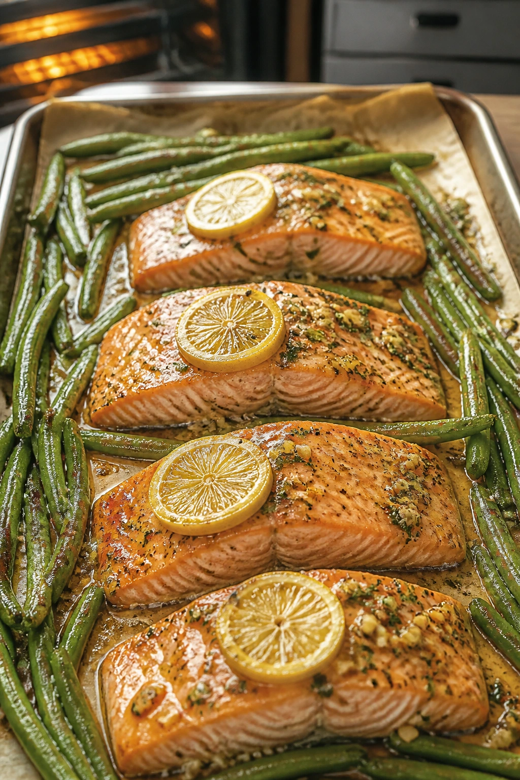 Close-up of lemon garlic salmon with green beans on a sheet pan in a home kitchen