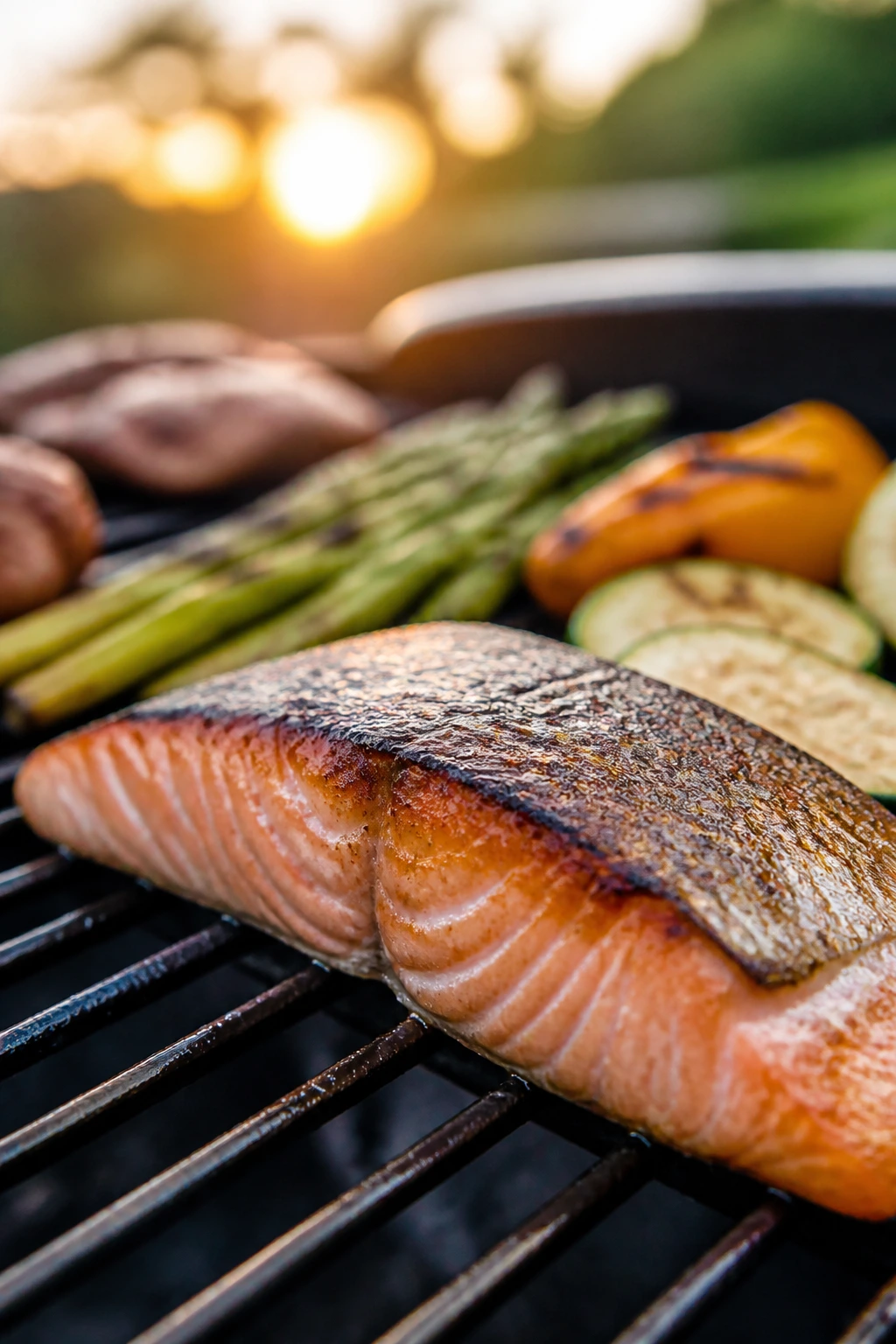 Salmon fillet on a grill with crispy skin and pink flesh