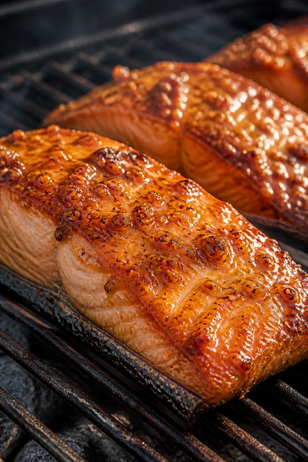Close-up of skin-on salmon fillets with glossy maple-Dijon glaze on a hot outdoor grill