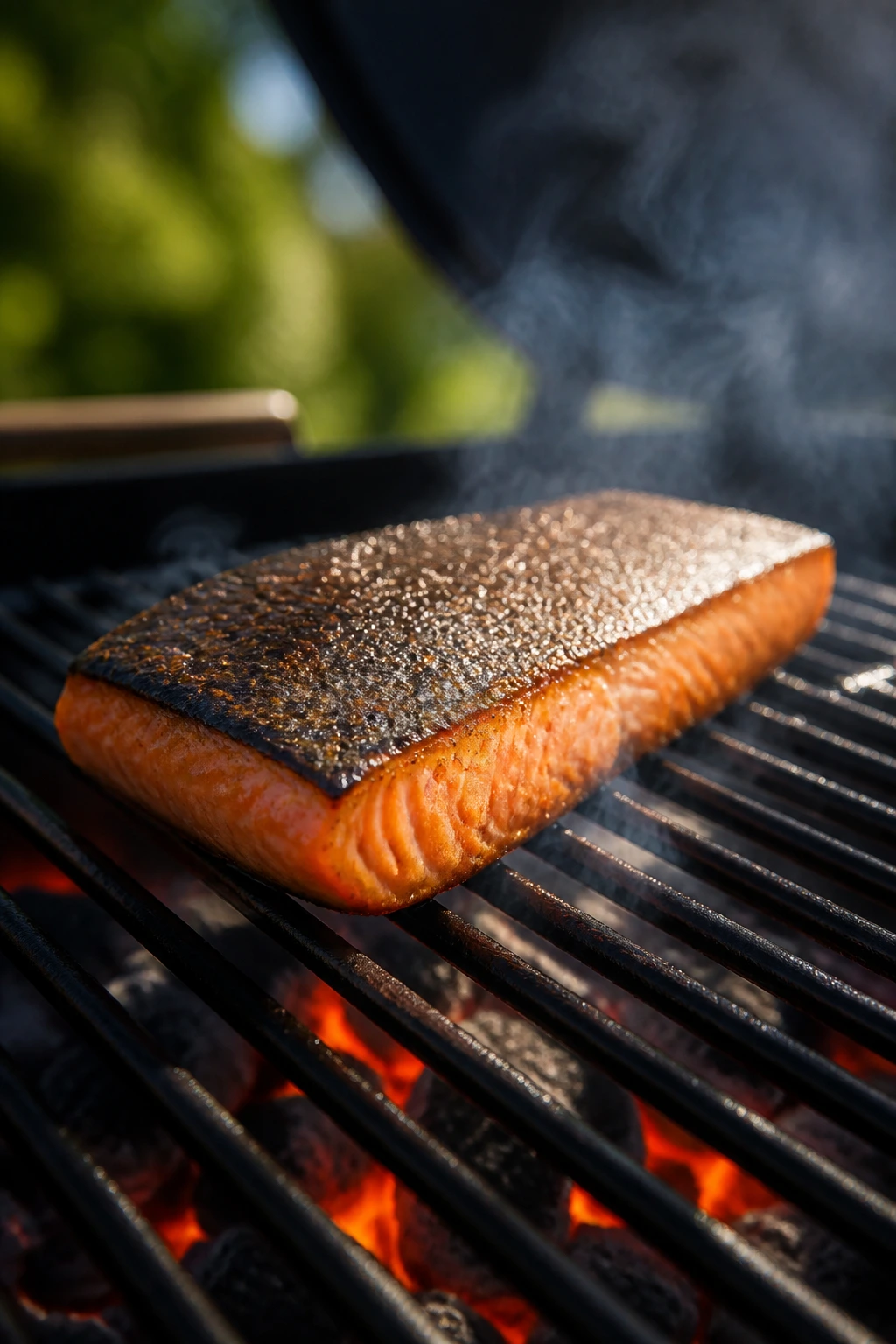 Salmon fillet skin-side down on a hot grill with crisp skin