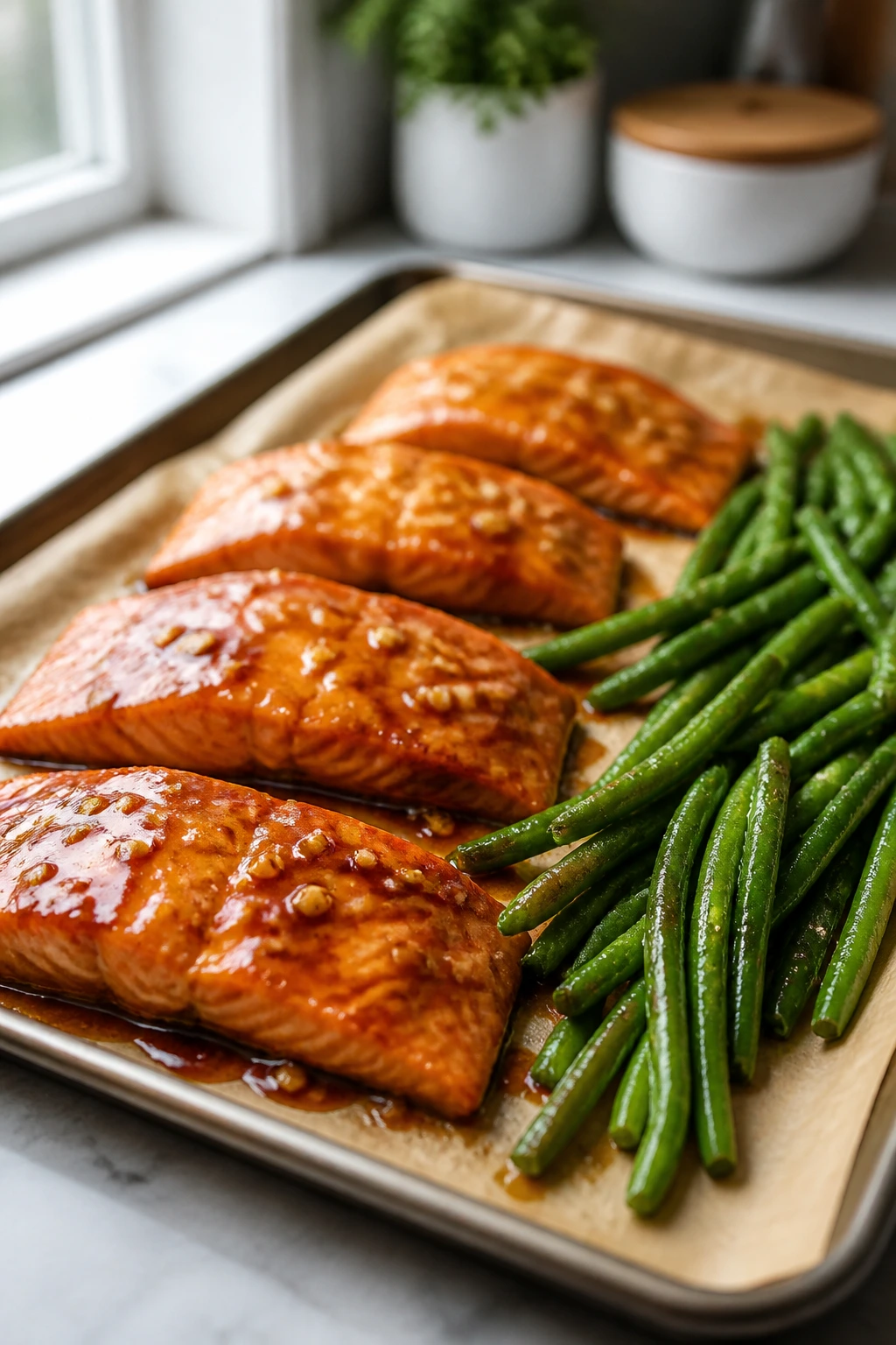 Salmon fillets with honey-garlic glaze and green beans on a sheet pan
