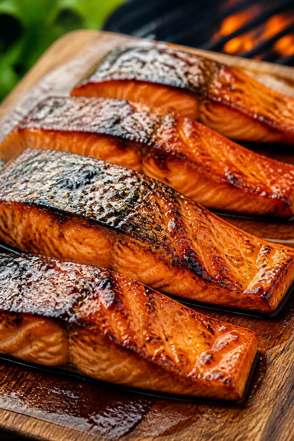 Glossy honey-soy glazed salmon fillets on a wooden board outdoors