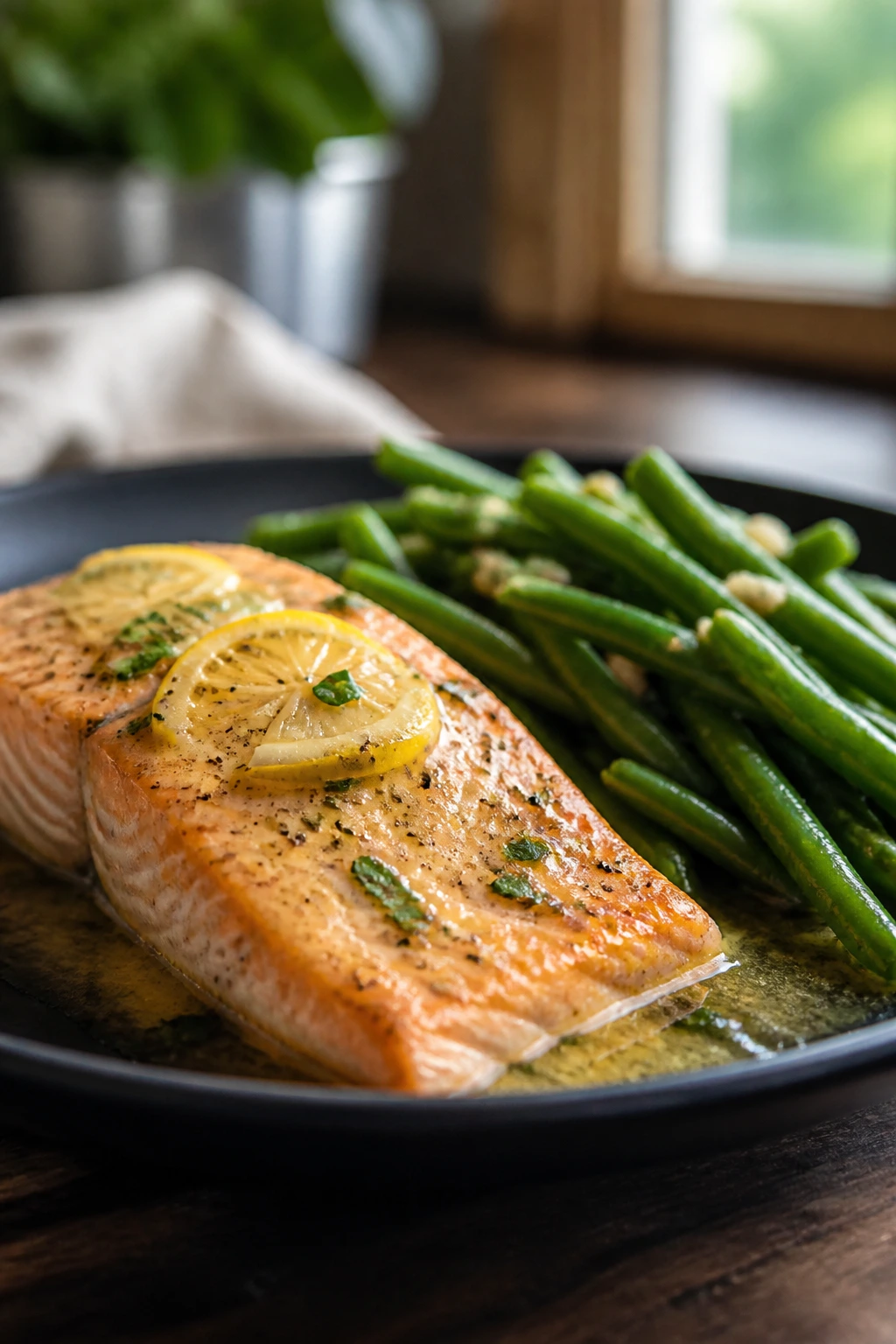 Salmon fillet with lemon butter and green beans on a plate