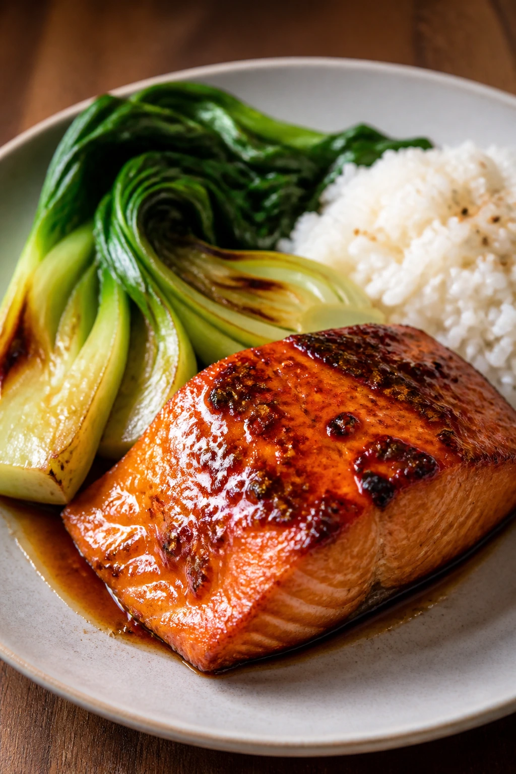 Glossy miso-glazed salmon with bok choy and rice on plate.