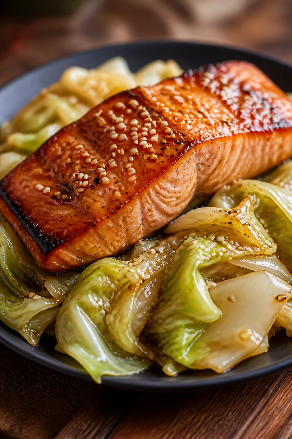 Salmon with miso butter on sesame cabbage, close-up