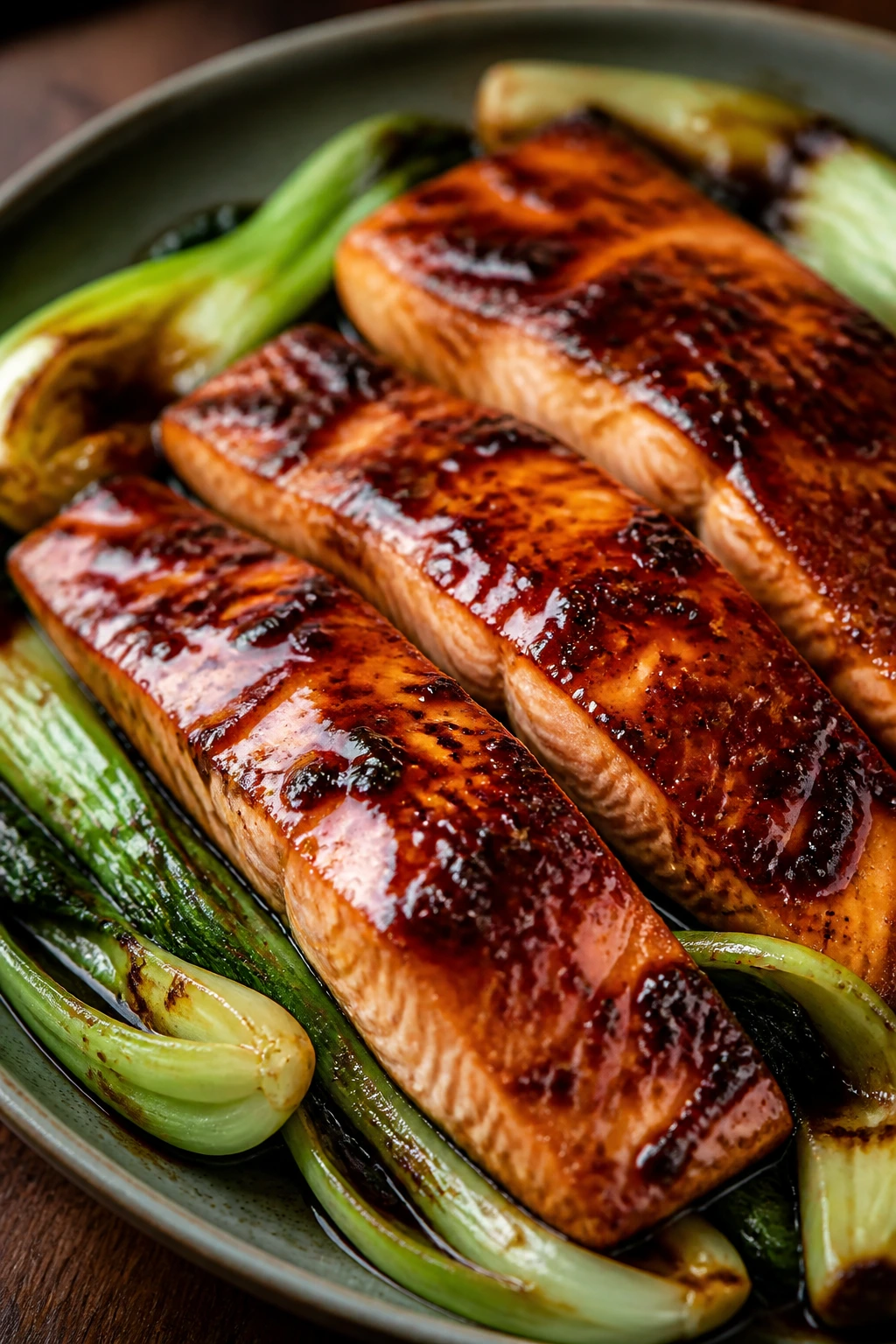 Salmon fillets with miso ginger glaze on a plate with greens