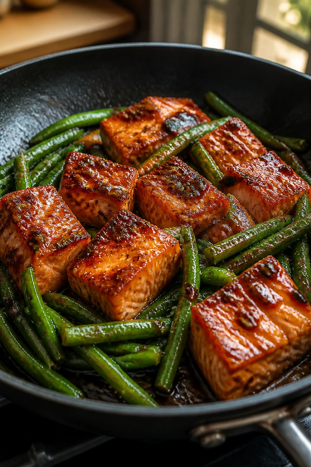 Salmon with miso-honey glaze and green beans close-up