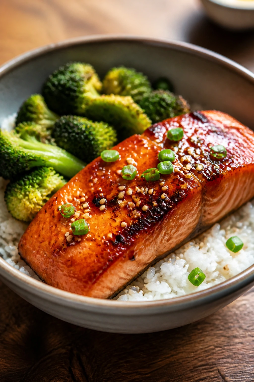 Salmon rice bowl with miso glaze and broccoli close-up