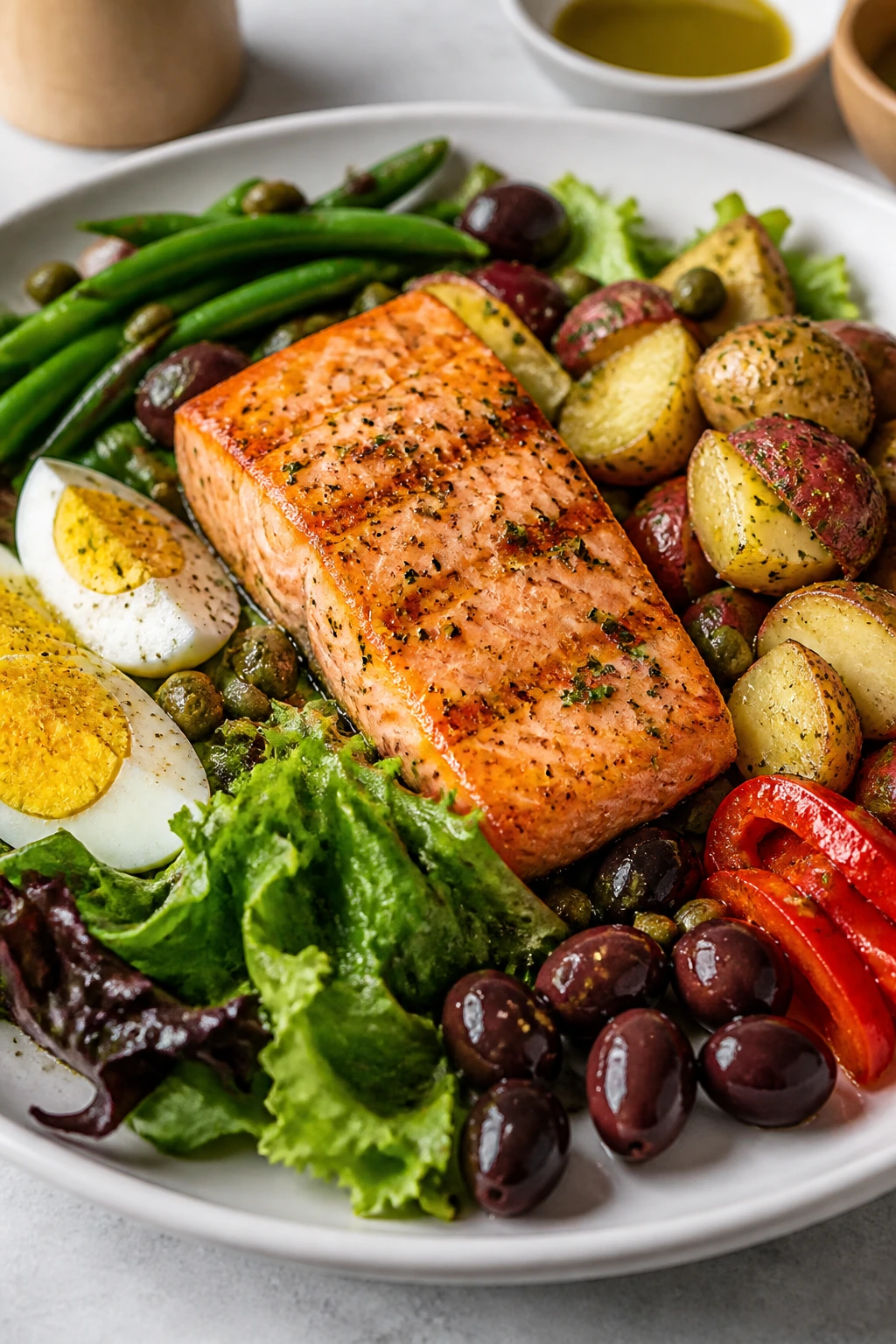 Close-up of salmon Niçoise salad on a plate