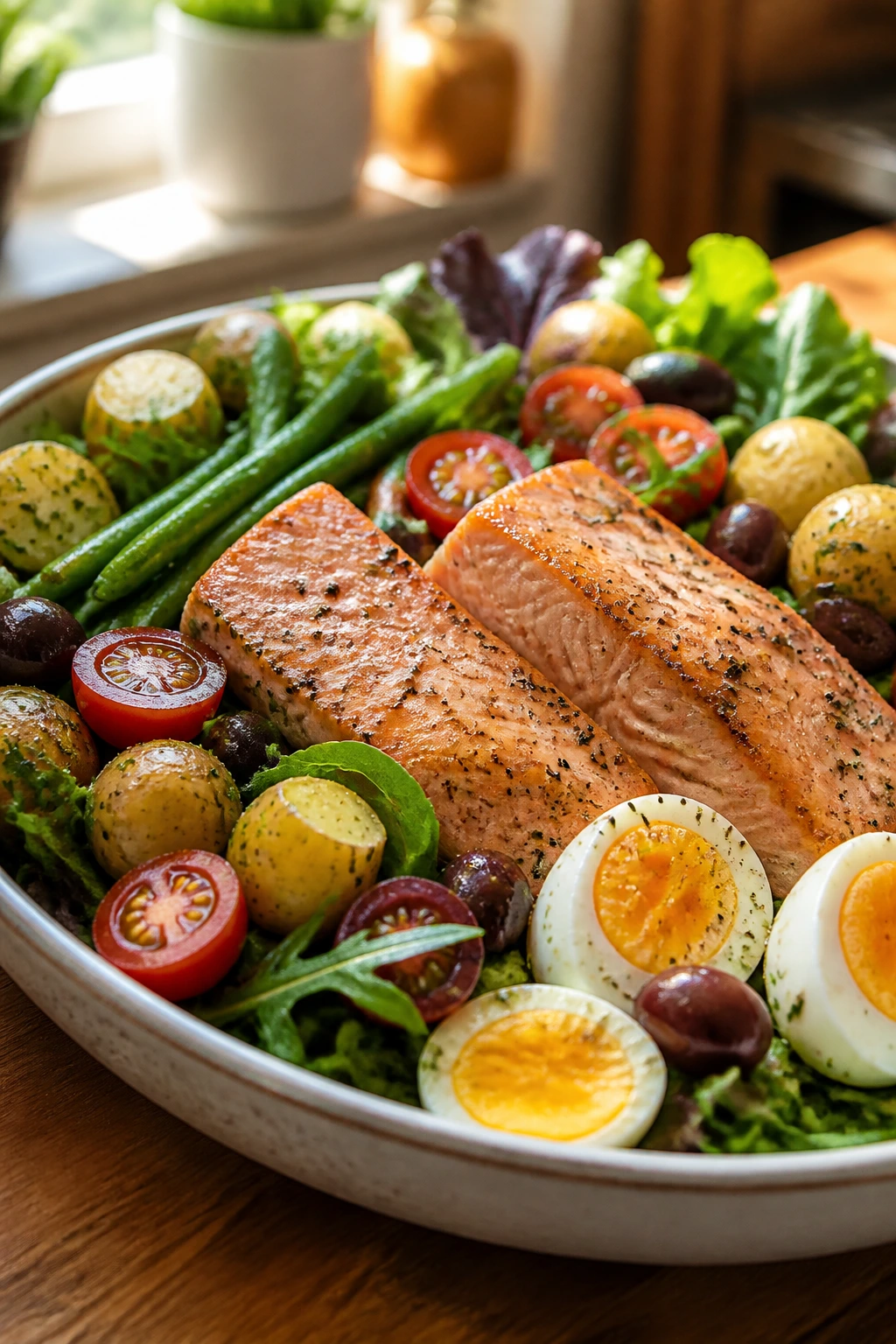 Close-up of Salmon Niçoise Salad with salmon potatoes green beans eggs olives and greens