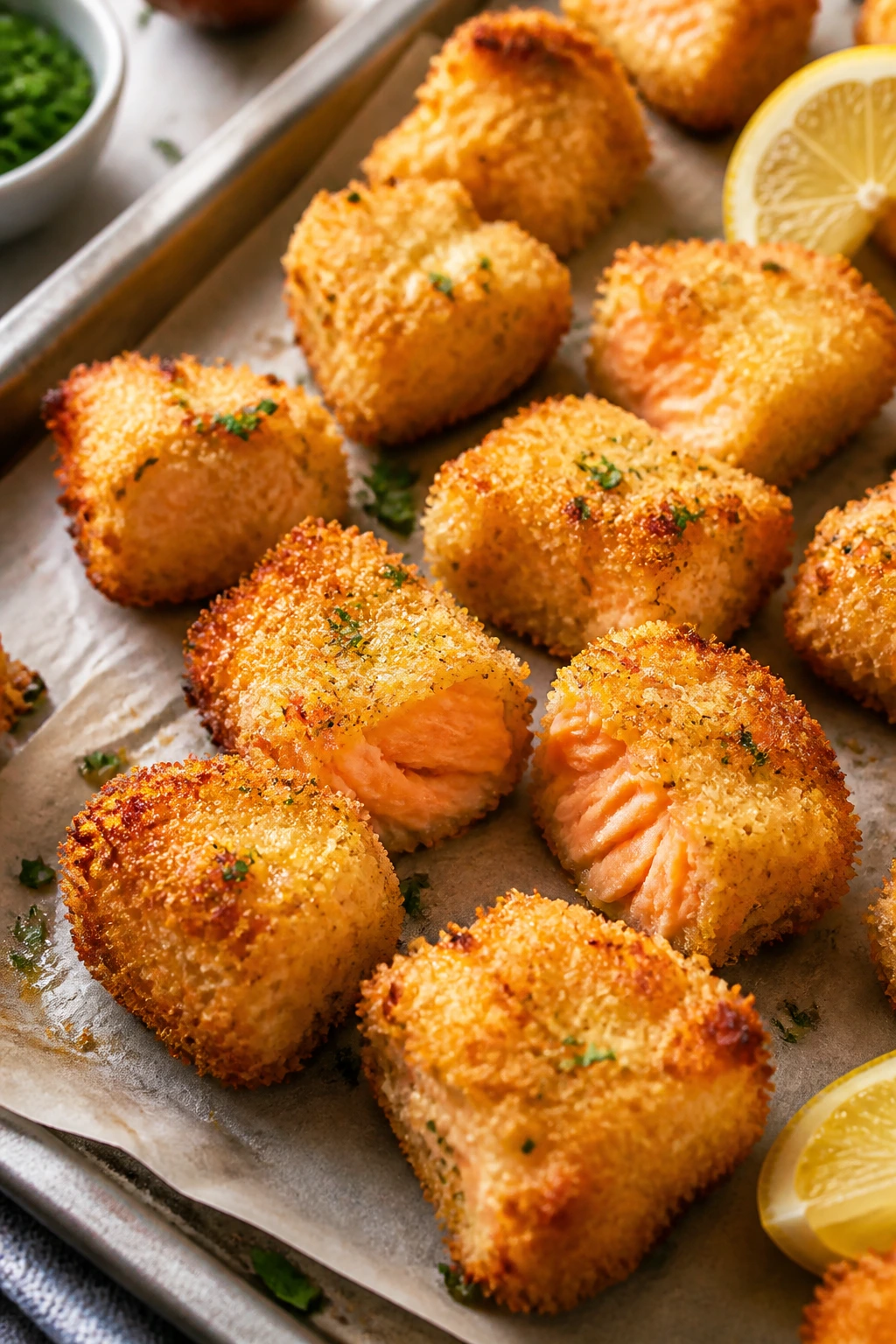 Close-up of lemon butter salmon nuggets on parchment