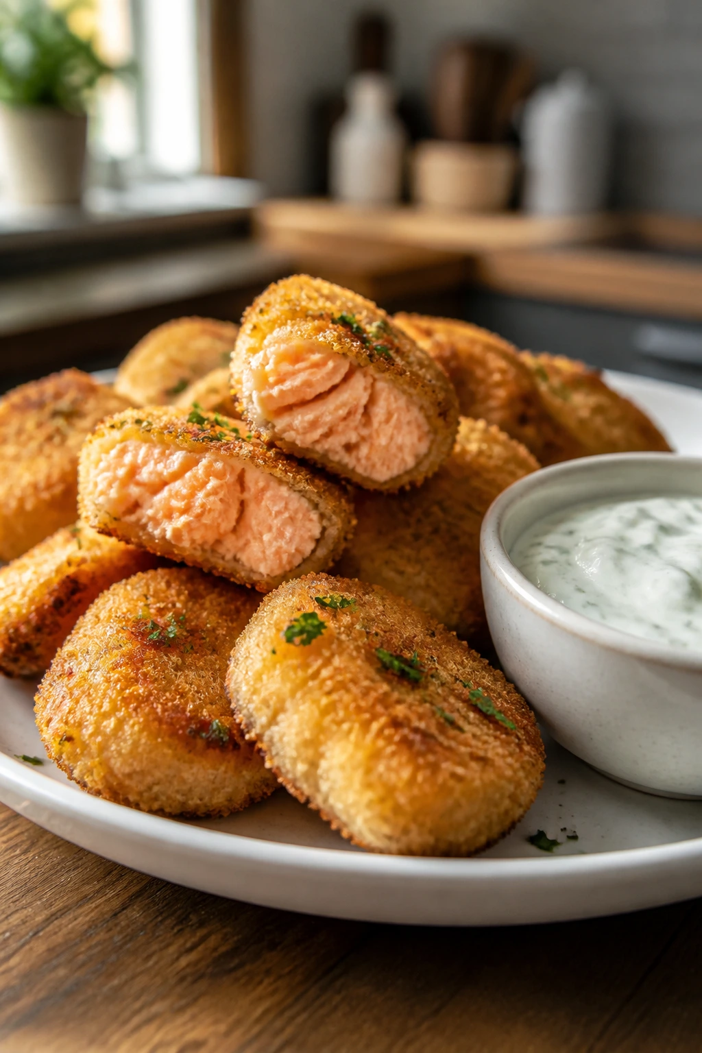 Close-up of salmon nuggets with yogurt dip on a plate in a warm kitchen