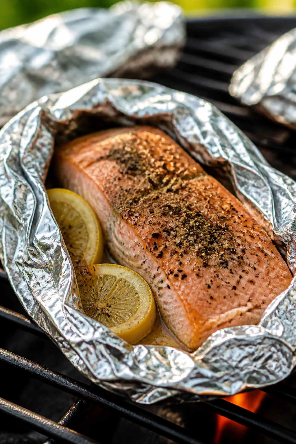 Salmon inside a lemon-pepper foil packet on a grill