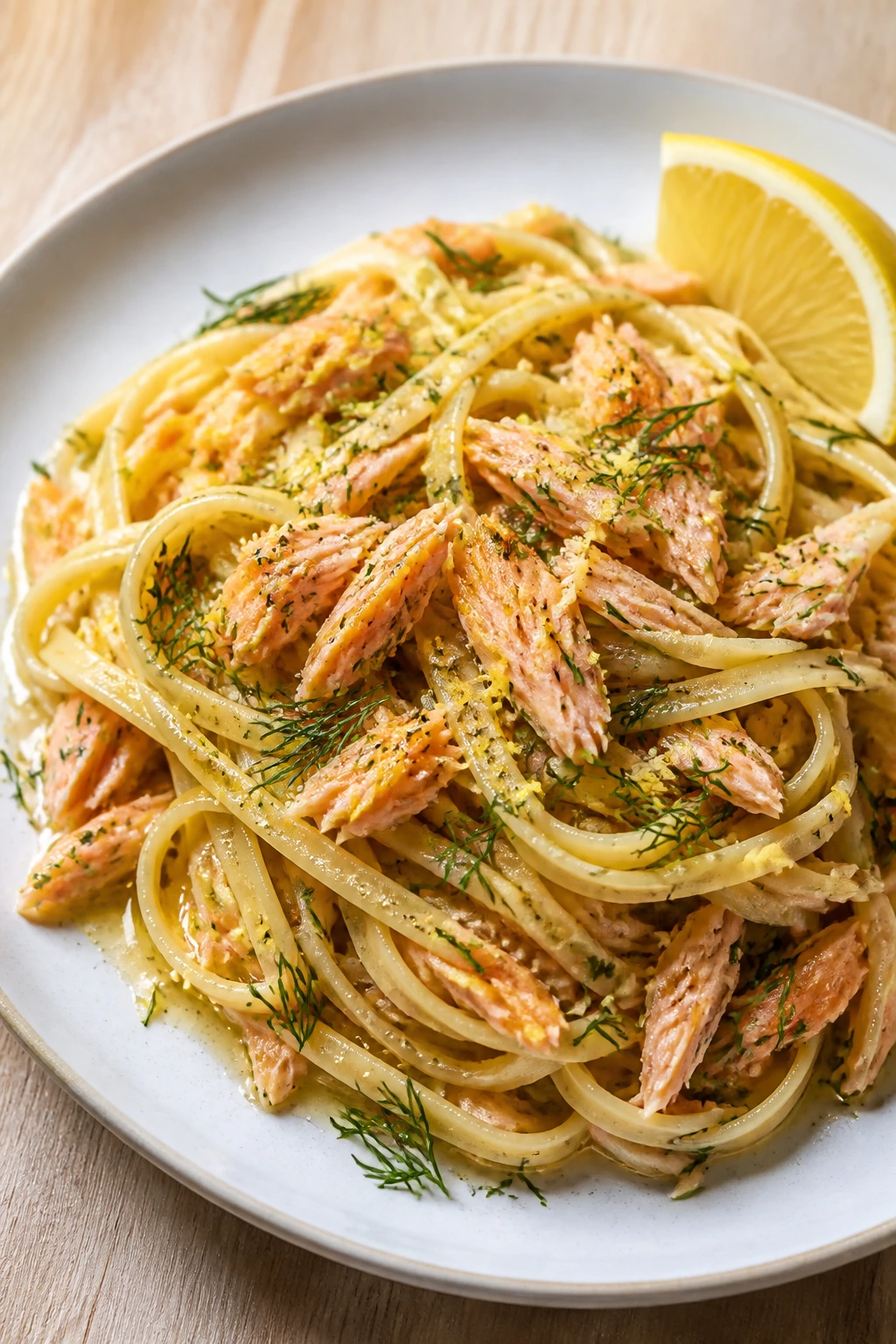 Pasta with canned salmon and lemon on a plate