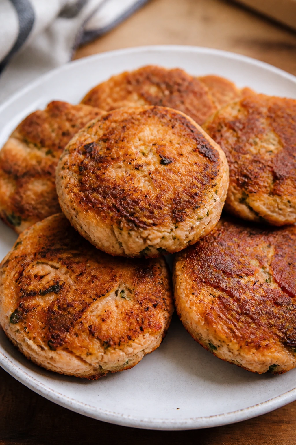 Close-up of salmon patties on plate with crisp crust.