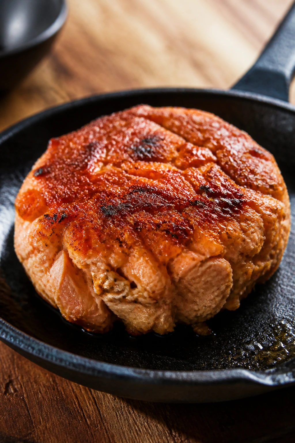 Close-up of buffalo salmon patty with crisp crust in a skillet