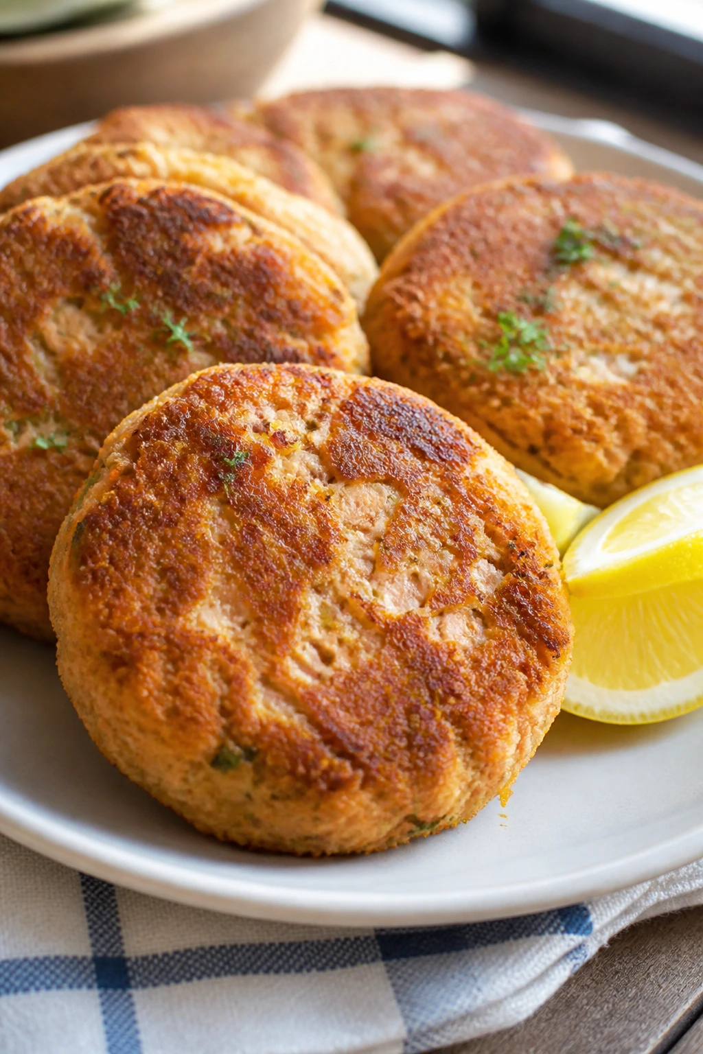 Golden salmon patties on a plate with a lemon wedge in a warm kitchen.