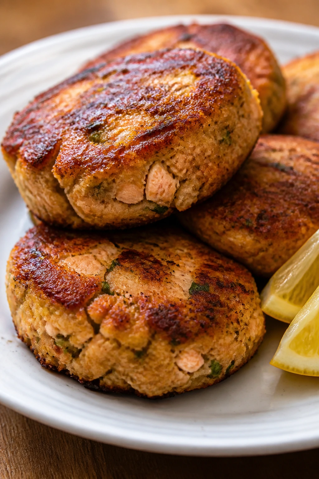 Crispy salmon patties on a plate with lemon wedge in warm kitchen light