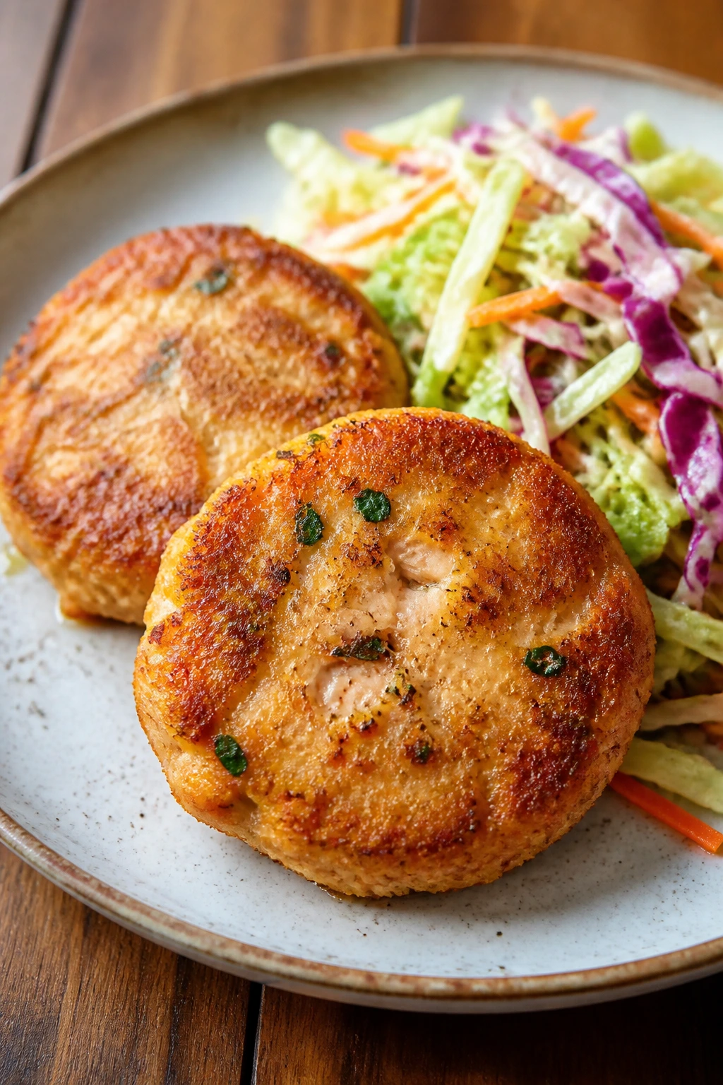Salmon patties with crunchy slaw on a plate