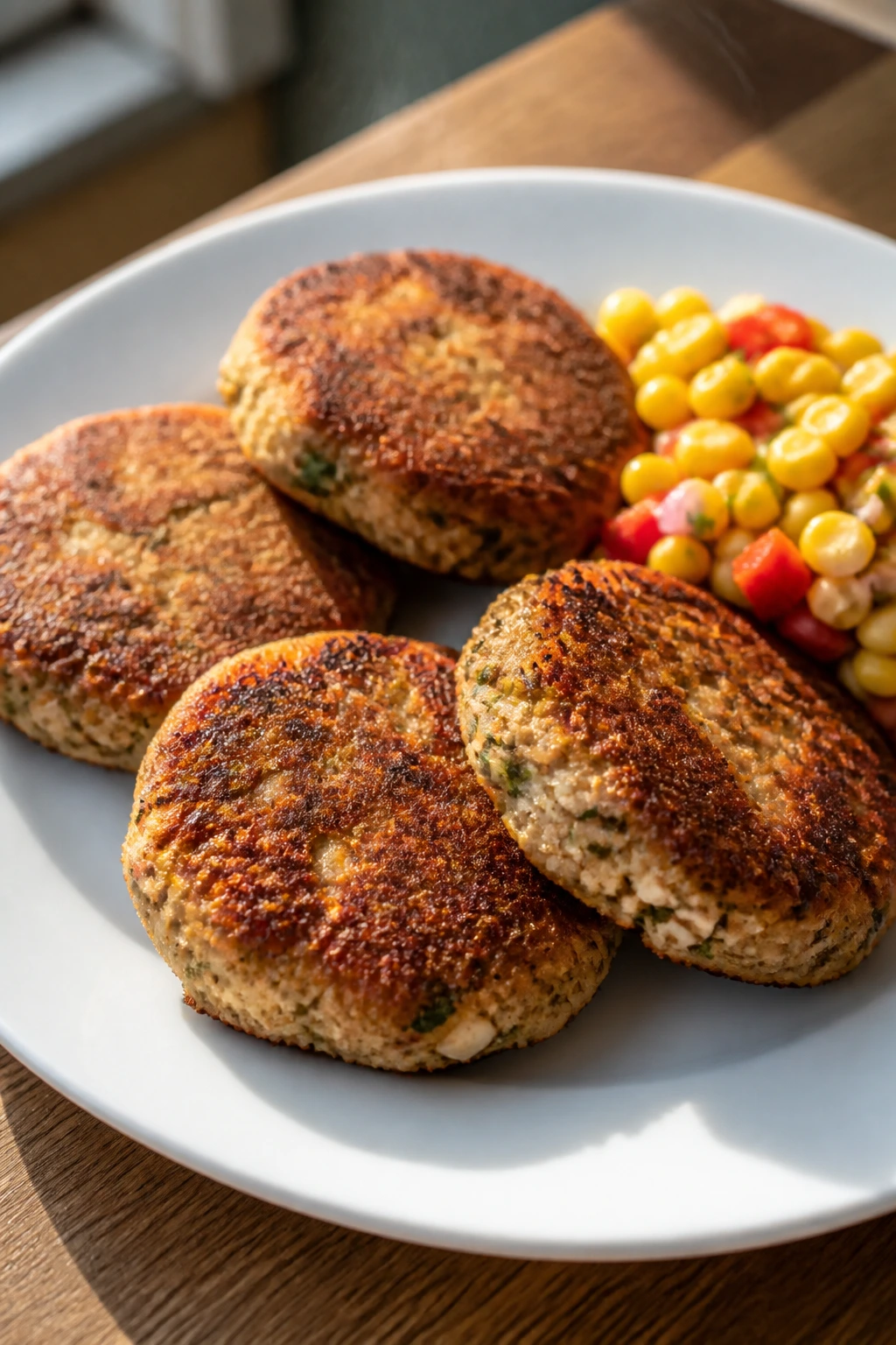 Plate of four crispy salmon patties with a side of corn salad.