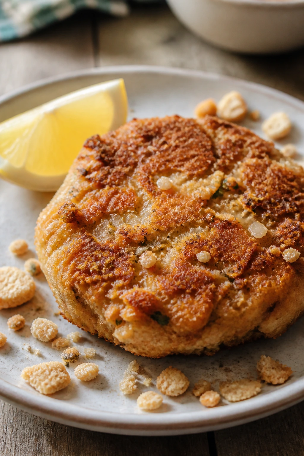 Close-up of salmon patty with crackers on a plate.