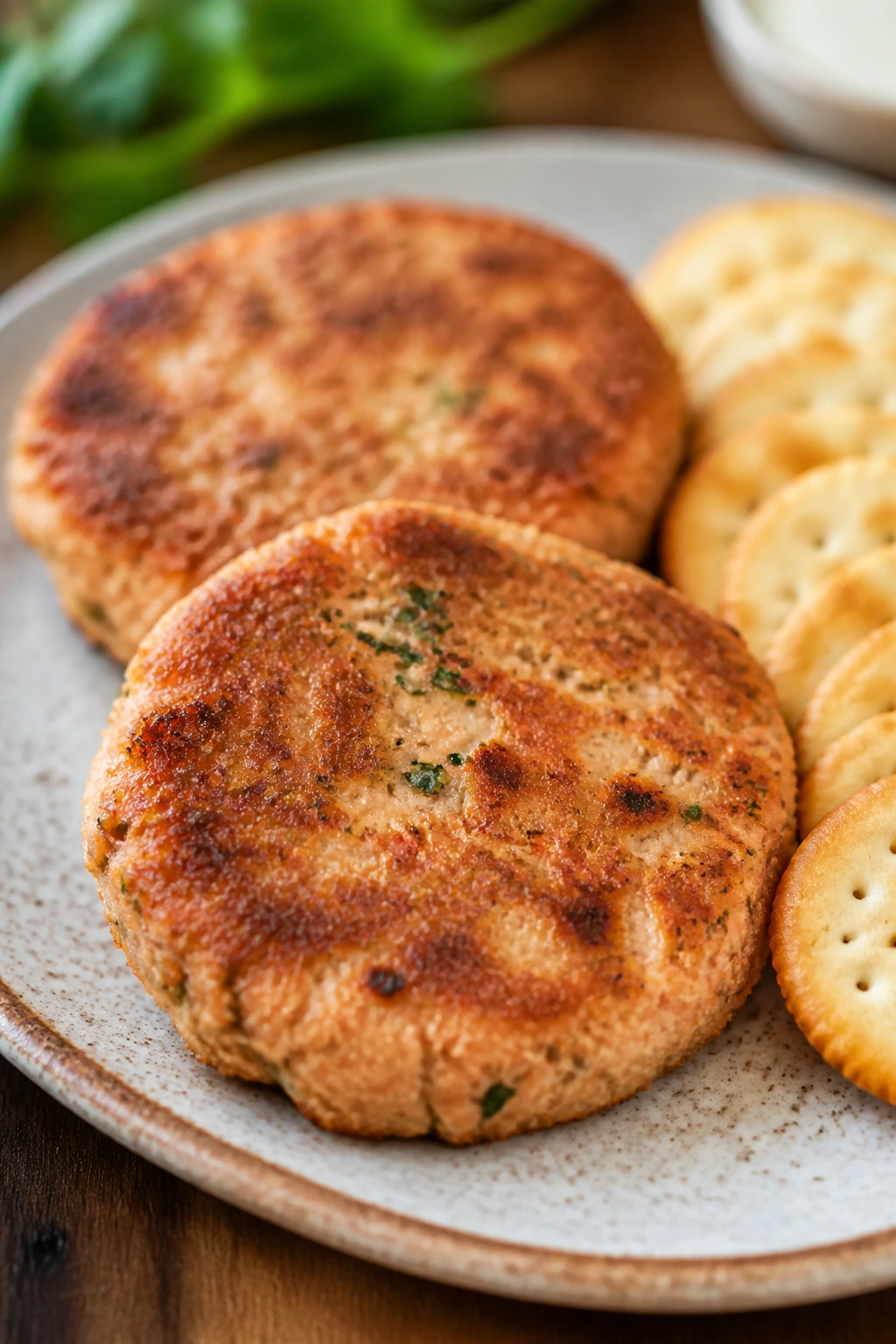 Plate with crispy salmon patties and crackers