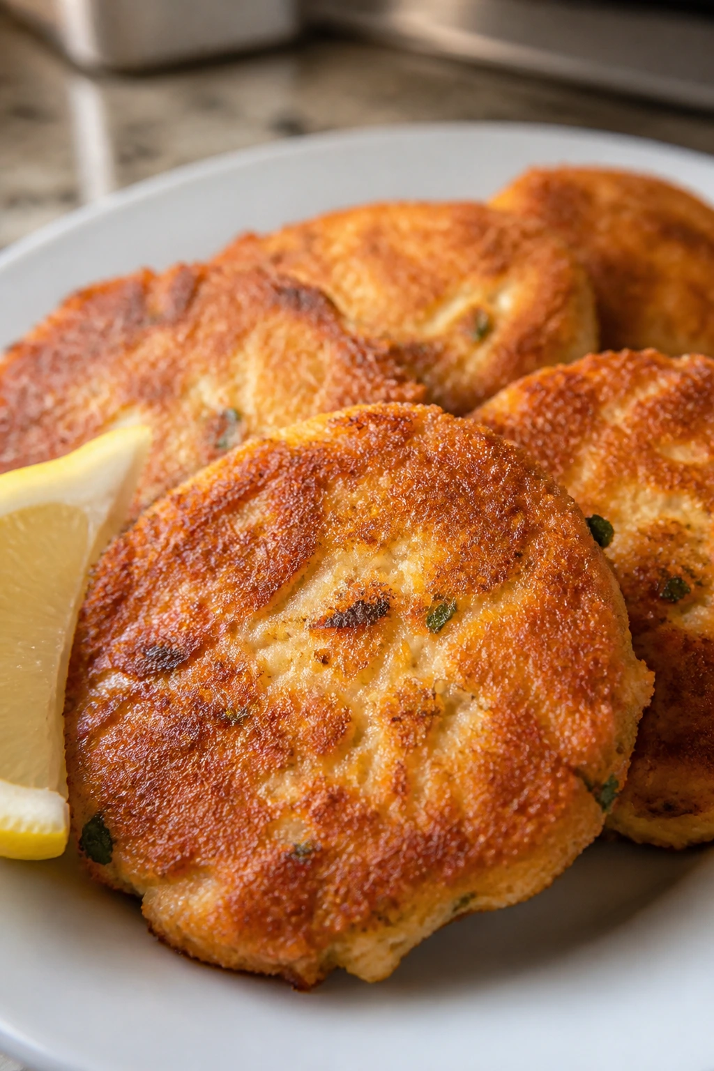 Golden salmon patties on a plate with lemon in a kitchen