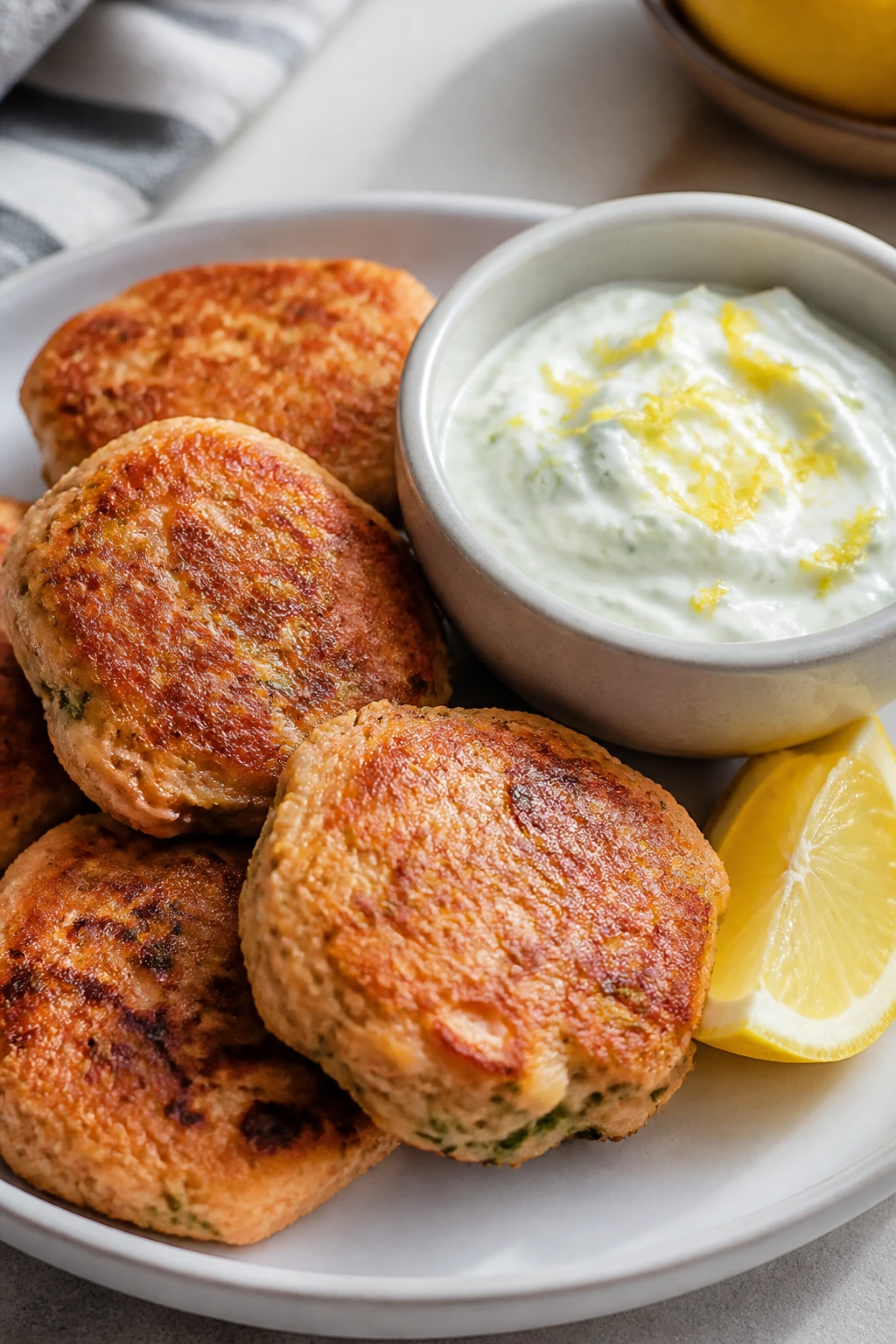 Salmon patties with lemon yogurt dip on plate.