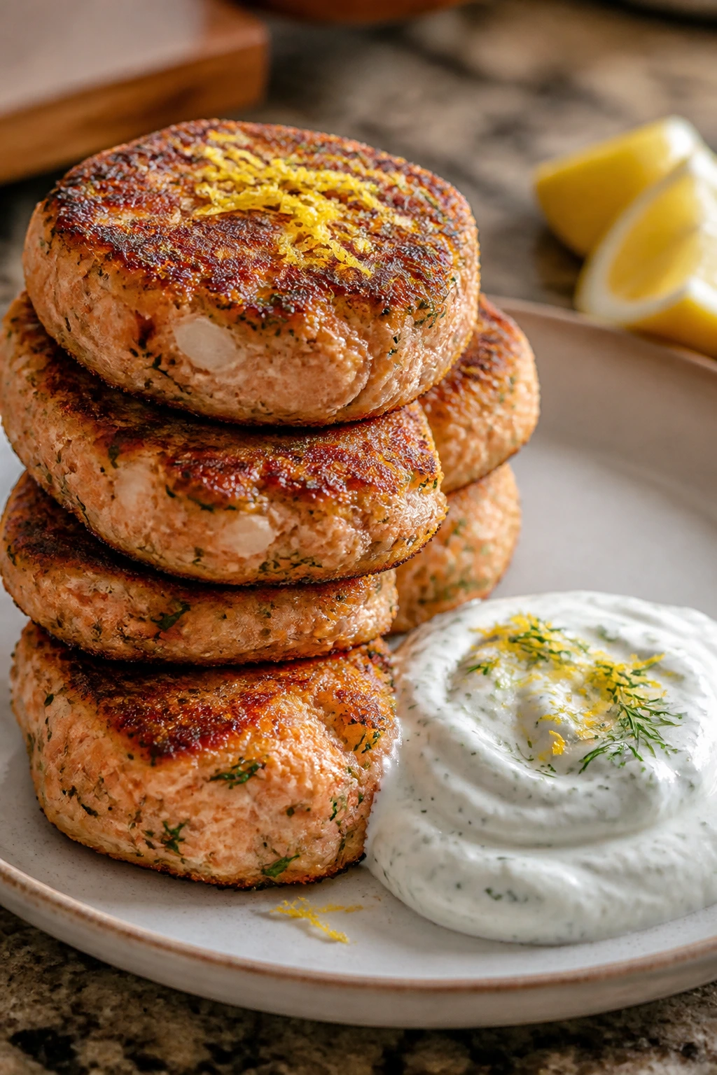 Close-up of salmon patties with lemon yogurt dip on a plate