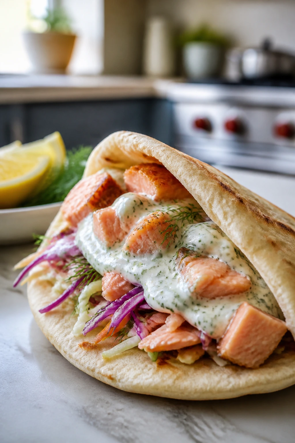 Pita filled with salmon and lemon dill yogurt sauce
