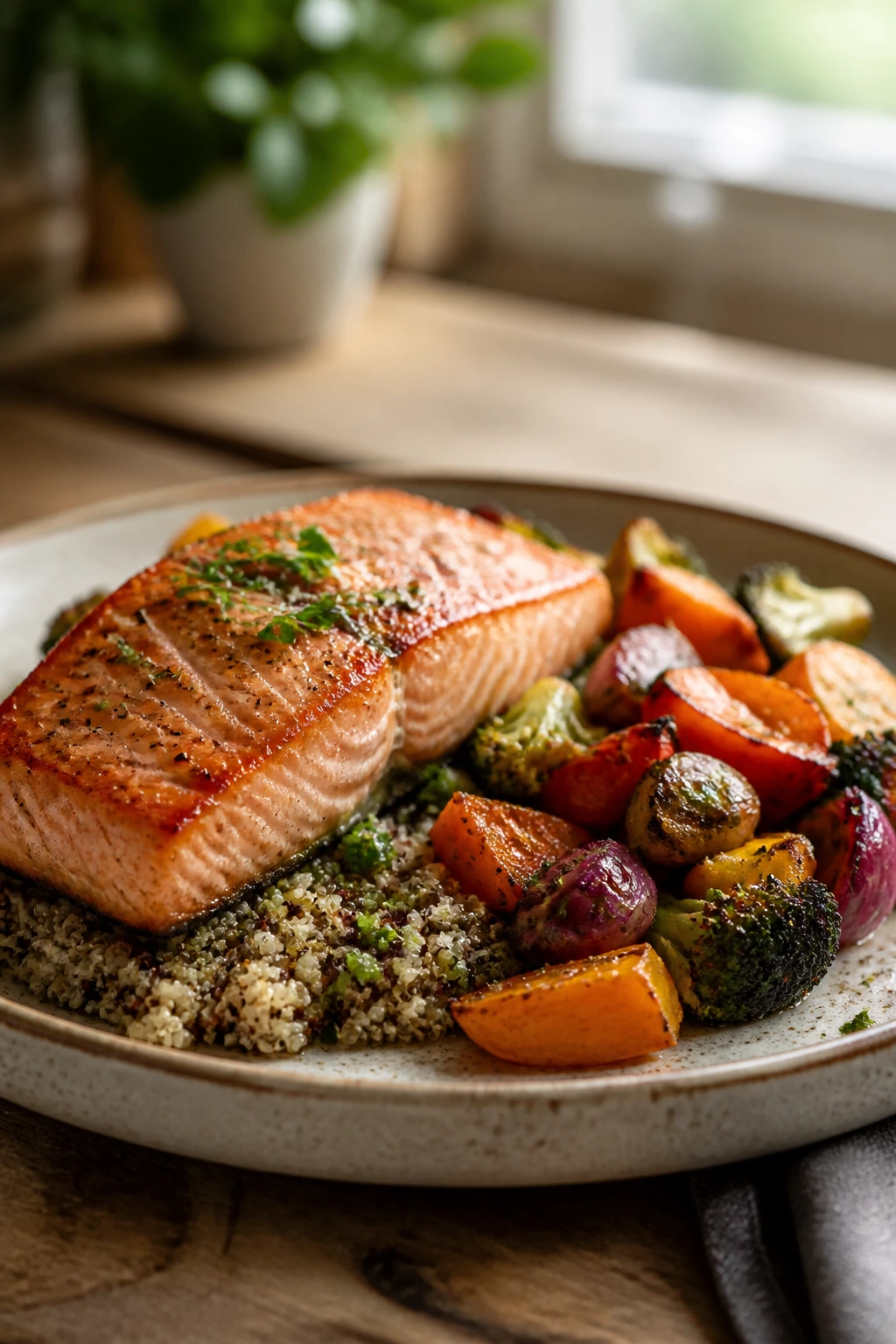 Beautifully plated salmon with quinoa and vegetables, demonstrating serving approach.