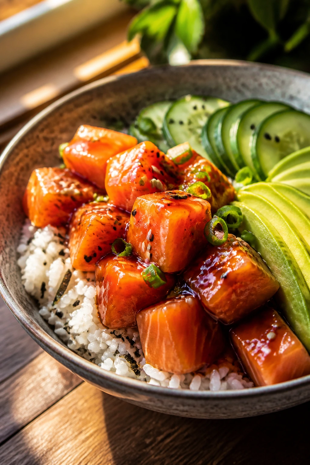 Close-up of glossy salmon poke bowl with avocado and cucumber on rice in a warm kitchen