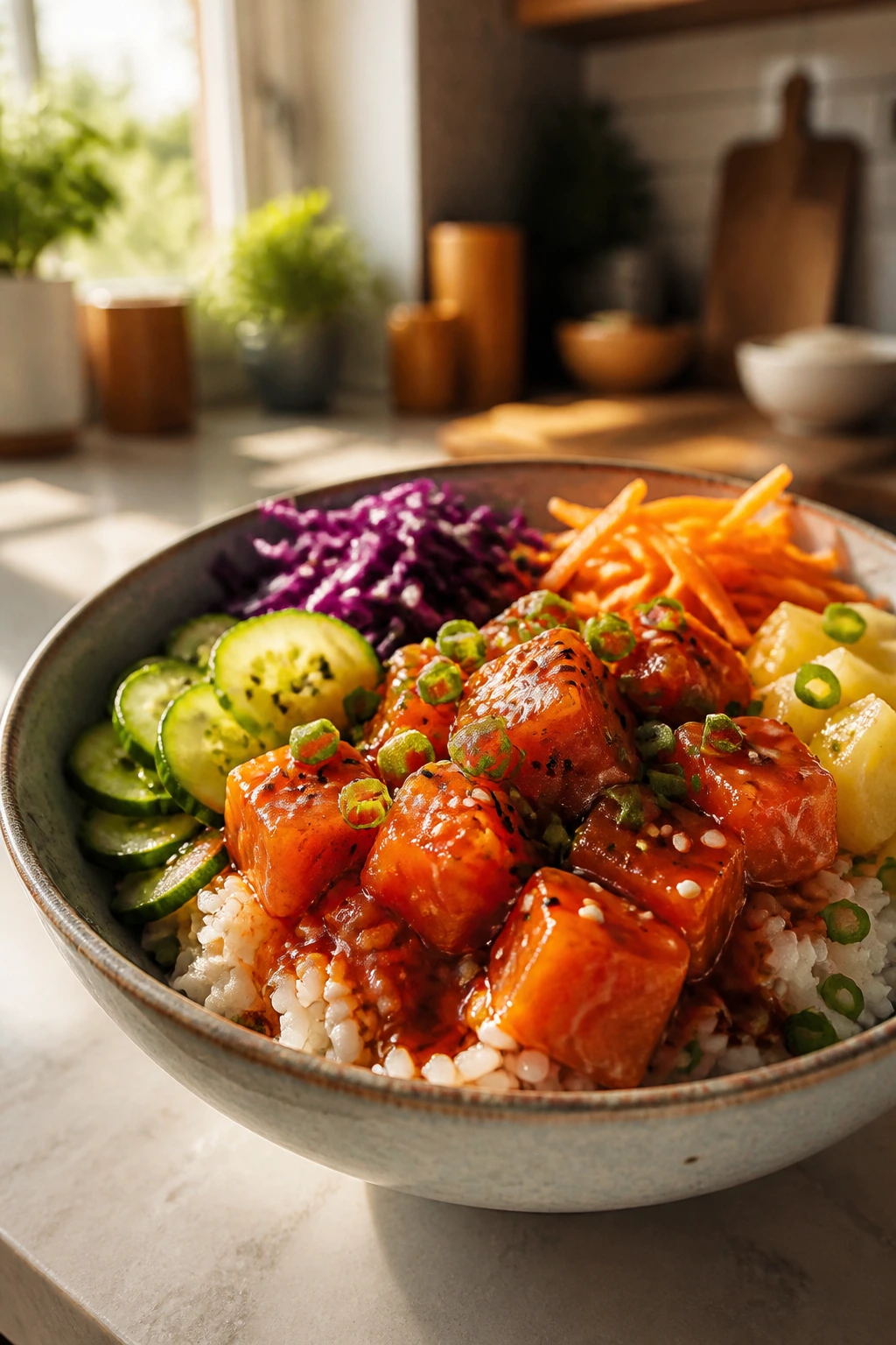 Close-up of glossy salmon poke bowl on a home kitchen counter