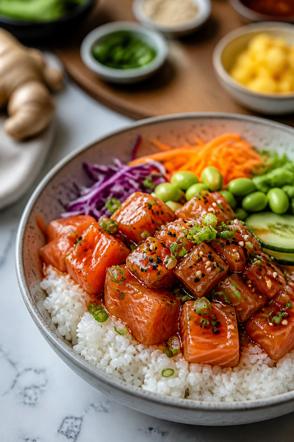 Close-up of finished salmon poke bowl with toppings