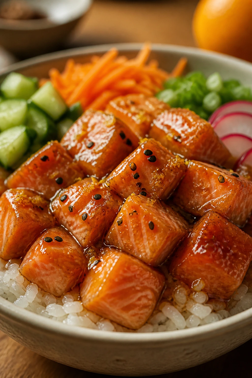 Close-up of glossy salmon cubes with orange zest over rice in a warm kitchen