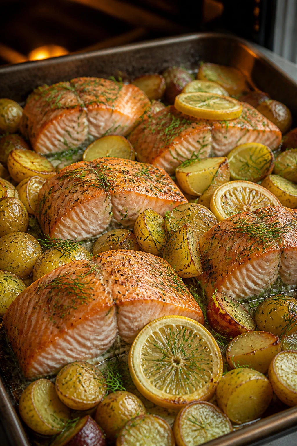 Sheet-pan salmon and potatoes with dill and lemon
