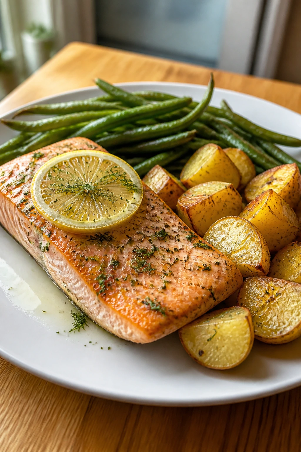 Plated salmon with potatoes and green beans on a wooden table