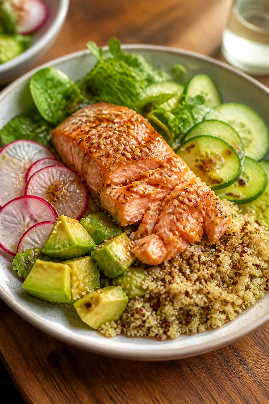 Salmon quinoa bowl with avocado and cucumber