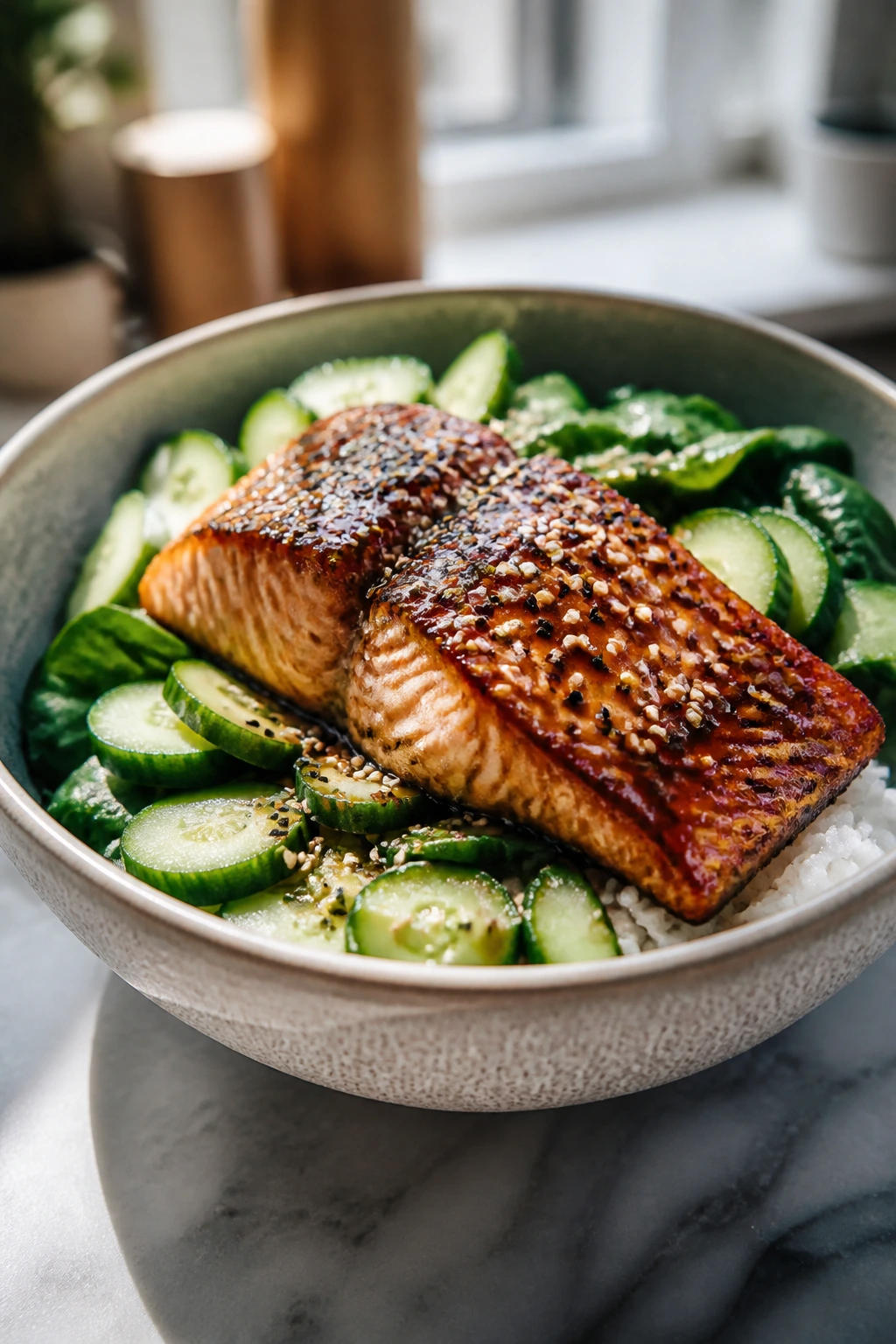 Close-up of sesame ginger salmon rice bowl with cucumber and spinach