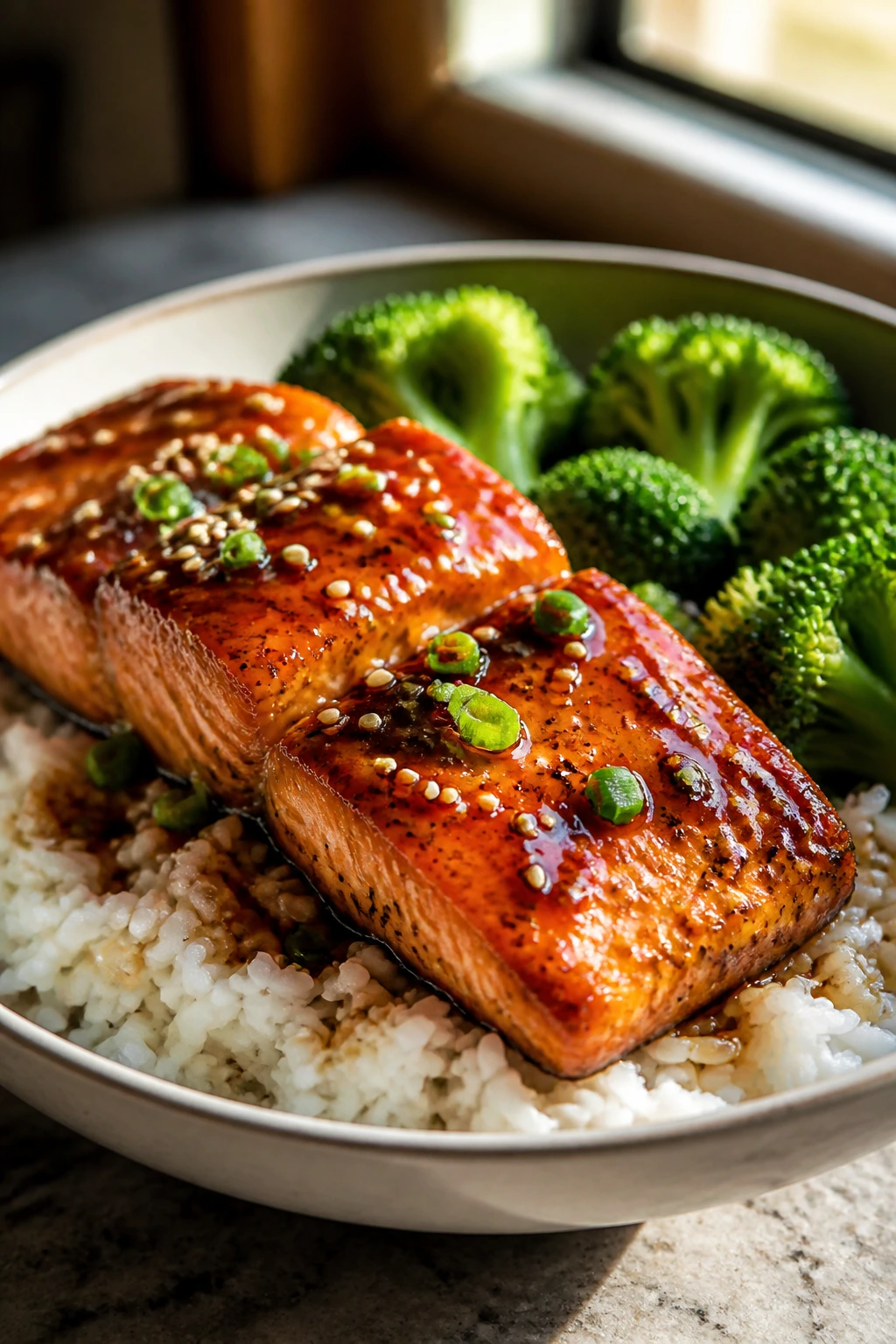 Close-up of honey garlic salmon over rice with broccoli in a bowl