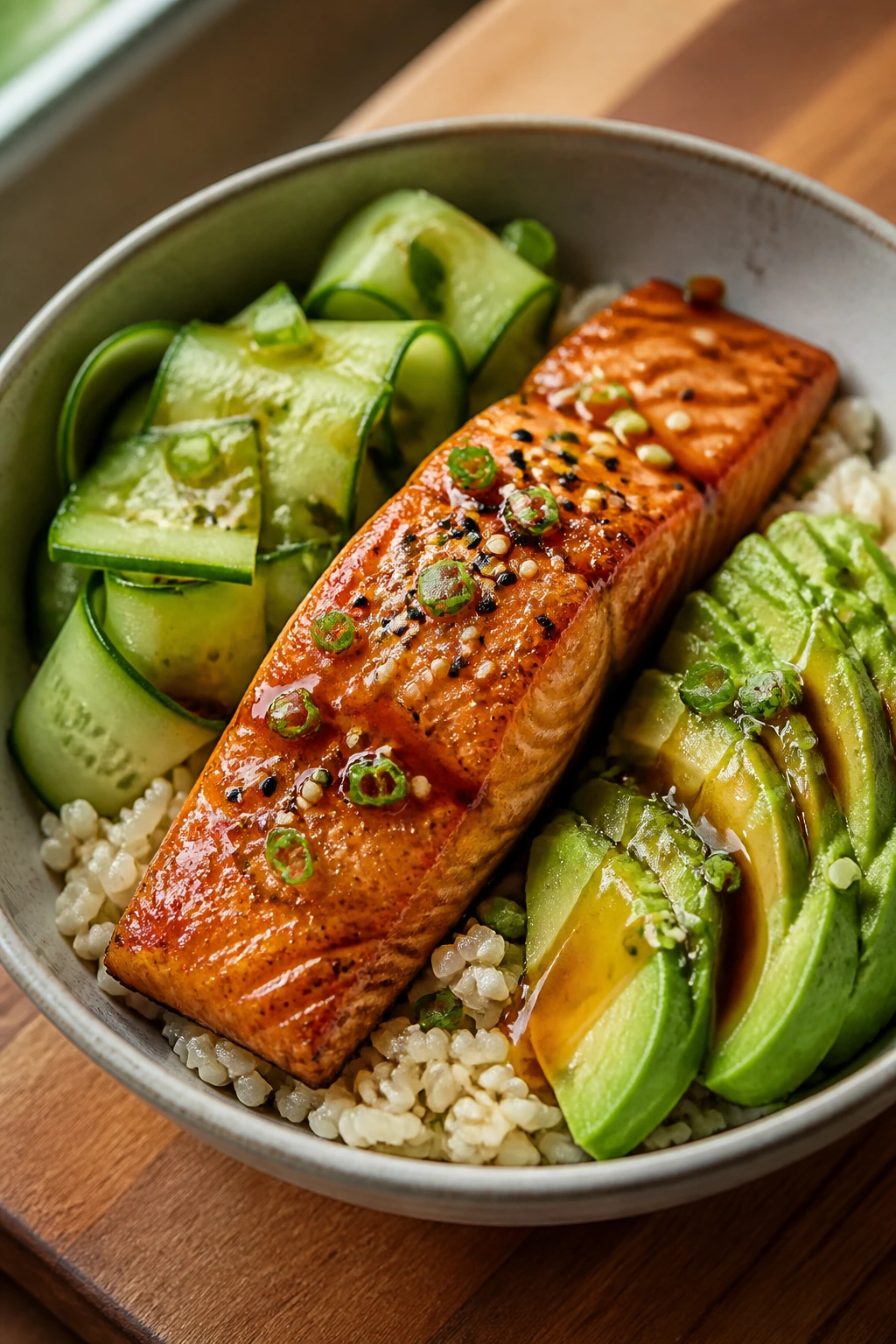 Salmon rice bowl with cucumber and avocado